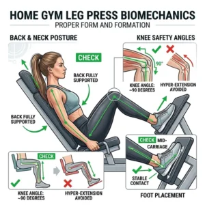 A vector diagram showing correct body alignment, foot placement, and knee angles for using a home gym with leg press safely.