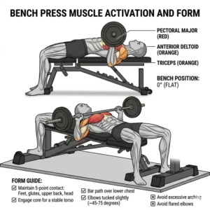An illustration of a lifter performing a chest press on an incline flat bench set to the 0-degree flat position.