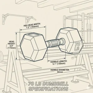 A technical diagram showing the dimensions and grip of a 70 lb dumbbell.