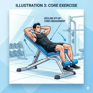 Illustration of an athlete performing a weighted sit-up using the foot rollers of a decline workout bench for core stability.