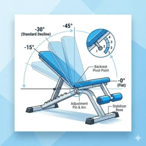 Technical drawing showing various decline angles and adjustment pin settings on a fitness bench.