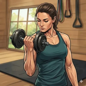 An athlete performing a standing bicep curl exercise using a heavy cast iron dumbbell.
