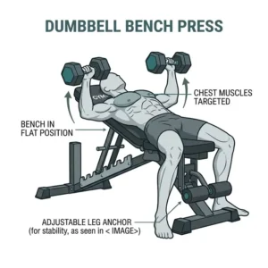 A person performing a dumbbell chest press exercise using an adjustable folding weight bench.