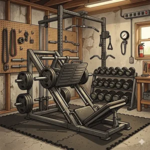 A stylized illustration of a garage home gym with leg press machine, heavy-duty linear bearings, and a squat rack.
