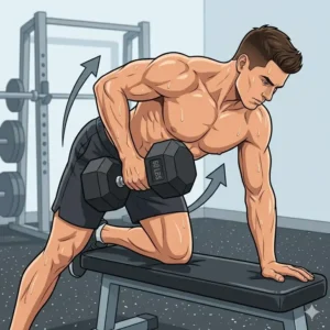An illustration demonstrating proper form for a single-arm dumbbell row using 60 lbs dumbbells.