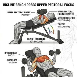 Illustration showing upper pectoral muscle activation during an exercise on the incline flat bench.