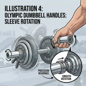 Detail shot showing the rotating sleeves on olympic dumbbell handles for reduced wrist strain.