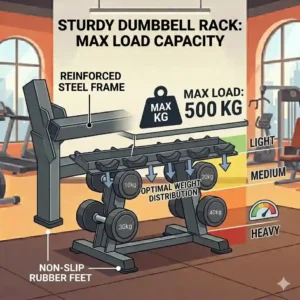 An organized dumbbell rack with weights arranged clearly and precisely by weight increments to allow users to quickly find the right level of resistance for their workout.