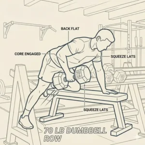 Illustration of proper form for a single-arm row using a 70 lb dumbbell.