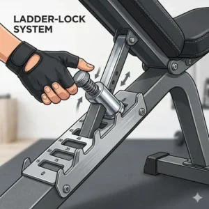 Detailed view of the secure locking pin mechanism on an adjustable bench for sale.