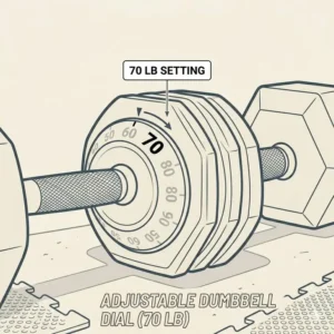 Close up illustration of an adjustable weight set to the 70 lb dumbbell mark.