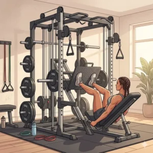 An illustration of an all-in-one functional trainer home gym with leg press attachment and cable pulley system.