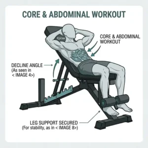 Demonstration of sit-ups and core training on the decline setting of an adjustable folding weight bench.
