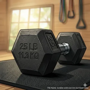A solid piece cast iron dumbbell showing its matte black rust-resistant finish.
