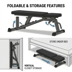 Space-saving foldable incline flat bench collapsed for easy storage under a bed or in a closet.