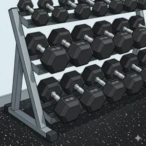 Heavy-duty 60 lbs dumbbells stored safely on an A-frame weight rack.