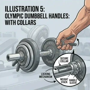 Steel olympic dumbbell handles equipped with secure spring collars for safety.