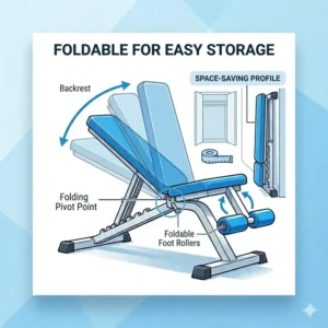 Illustration showing a foldable decline workout bench being stored flat against a wall to save space.