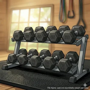 A row of cast iron dumbbells in escalating weight increments on a horizontal gym rack.