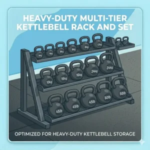 Close-up view of steel knurled handles resting securely on a heavy-duty weight set and rack.
