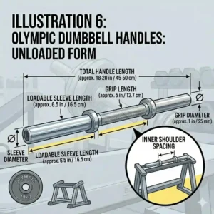 A home gym setup featuring compact olympic dumbbell handles on a storage rack.