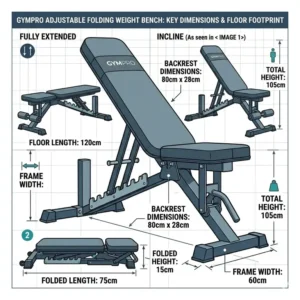 Detailed blueprint showing the floor space dimensions and height of an adjustable folding weight bench.