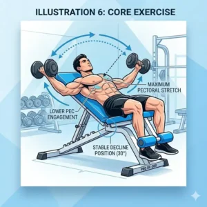 Side view illustration of a dumbbell chest fly exercise performed on a 30-degree decline workout bench.