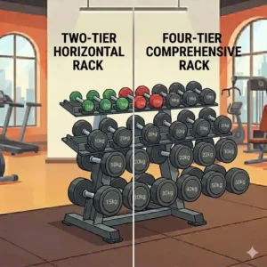 An illustrated guide showing the exact height, width, and depth of a standard dumbbell rack with weights, along with clear assembly instructions.