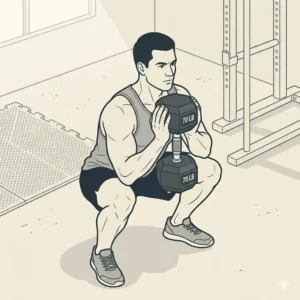 An isometric graphic of an athlete doing goblet squats with a 70 lb dumbbell.