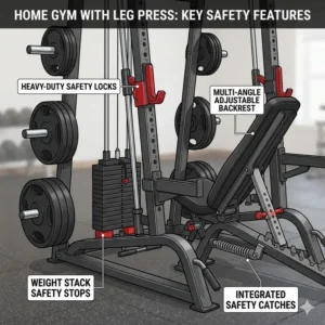 A close-up illustration of the safety locks, weight pegs, and adjustable backrest on a home gym with leg press.