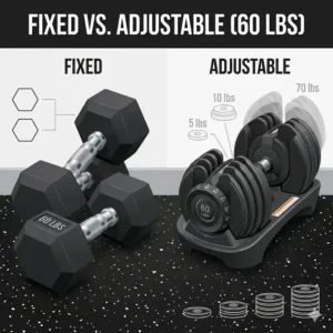 A side-by-side comparison diagram of an adjustable dumbbell dial system and traditional fixed 60 lbs dumbbells.