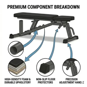 Close-up illustration of the heavy-duty steel frame and high-density foam padding of a premium incline flat bench.