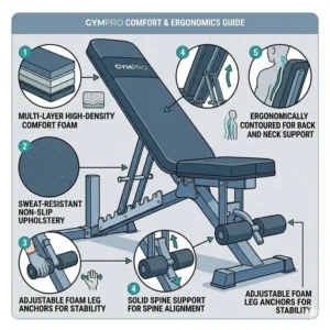 Close-up view of the high-density foam padding and ergonomic design of an adjustable folding weight bench.