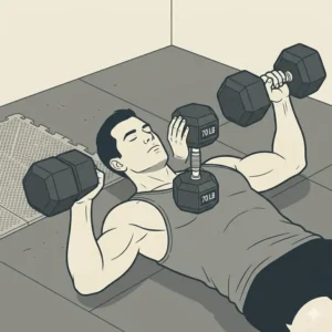 A minimalist illustration showing a floor press exercise with a 70 lb dumbbell.