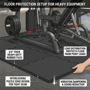 An illustration demonstrating thick rubber interlocking tiles placed underneath a heavy home gym with leg press to protect flooring.