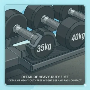 An athlete picking up a pair of dumbbells from a commercial-grade free weight set and rack.