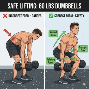 An instructional graphic showing the correct posture for picking up 60 lbs dumbbells from the floor to avoid back strain.