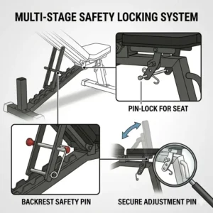 Detailed view of the secure ladder-style adjustment system and safety locking pin on an incline flat bench.