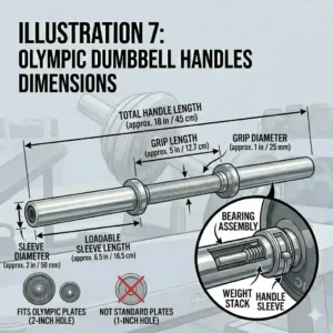 A diagram showing the length and loadable sleeve space of standard olympic dumbbell handles.