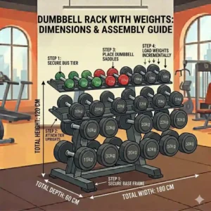 An illustration of rubber-coated hex dumbbells securely and neatly placed on a heavy-duty storage dumbbell rack with weights to prevent rolling and noise.