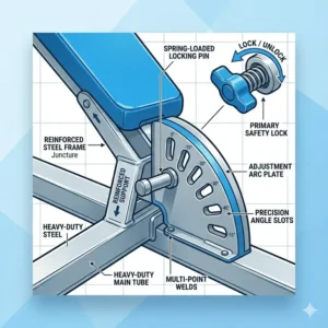 Close-up view of the reinforced steel frame and safety locking mechanism of a decline workout bench.