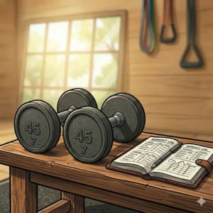 Pair of traditional round-head cast iron dumbbells next to a fitness workout log.