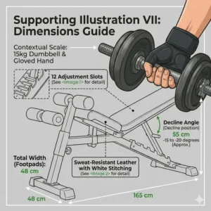 Diagram showing the full height and width specifications of an adjustable bench for sale.