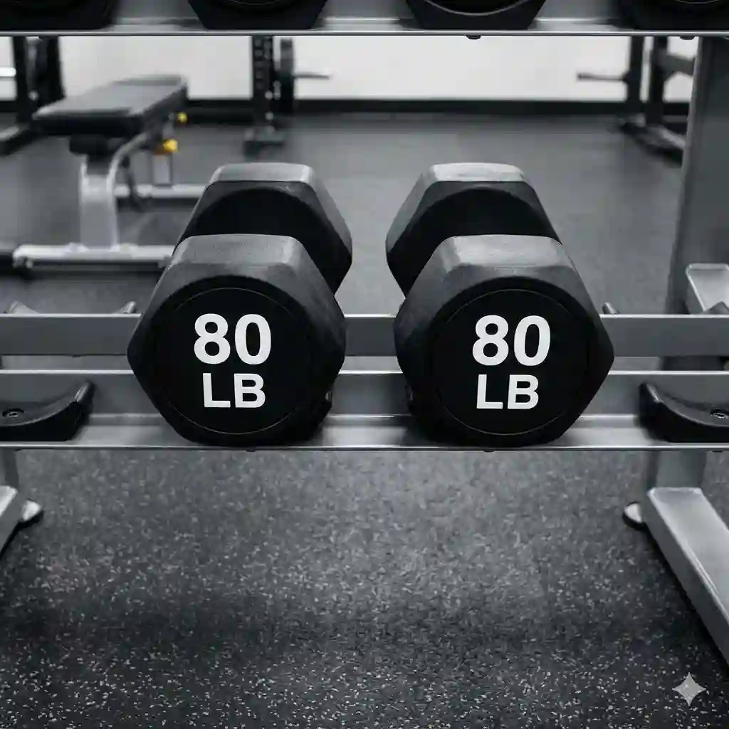 A pair of heavy-duty 80 lb dumbbells sitting on a gym floor rack, showing the weight markers clearly.
