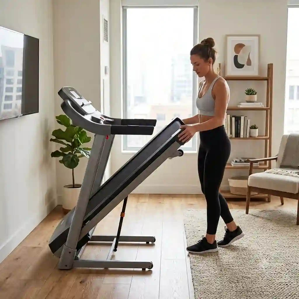 A premium collapsible exercise equipment setup in a modern apartment living room showing how it saves space.