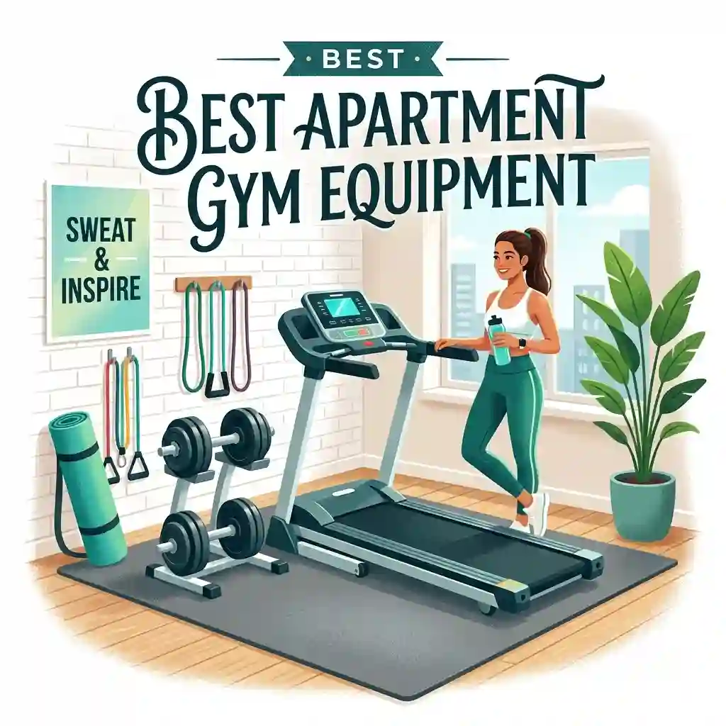 A modern room filled with essential fitness gear, showcasing the best apartment gym equipment including a treadmill, dumbbells, and a yoga mat.