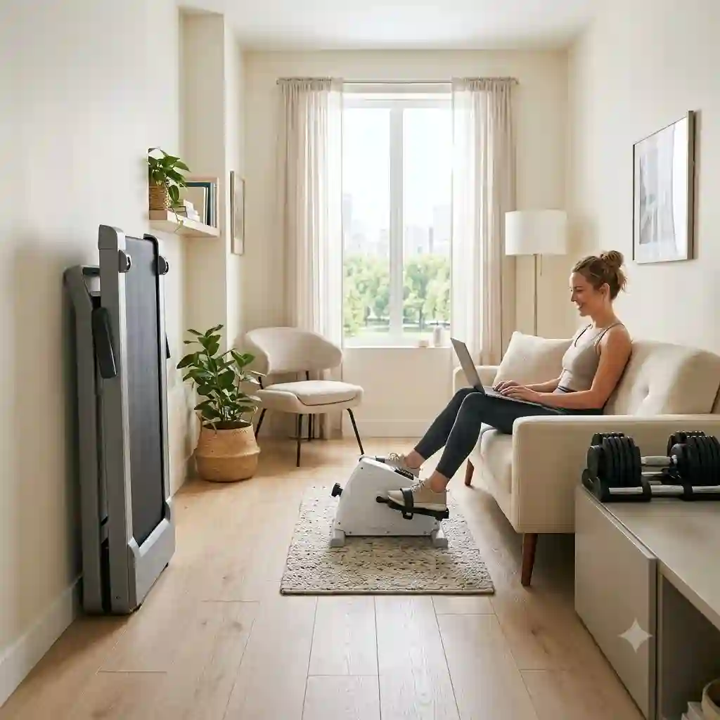 A selection of compact exercise machines in a modern, minimalist apartment living room.