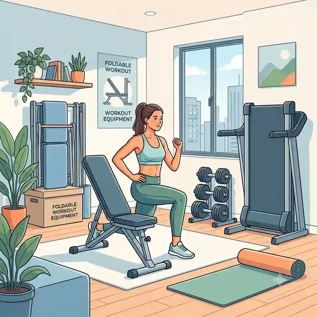 A modern home gym featuring diverse foldable workout equipment, including a collapsed treadmill and an adjustable folding bench, for compact fitness solutions.