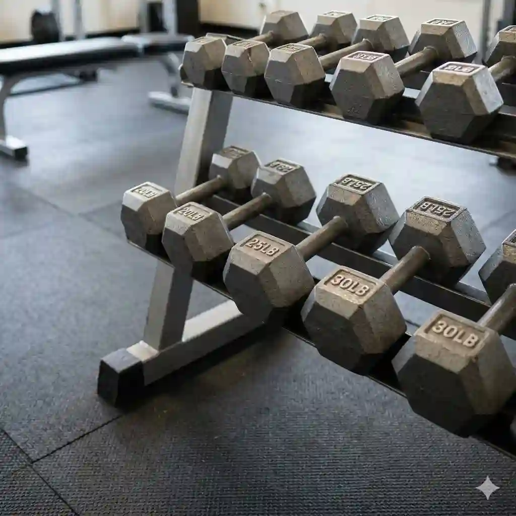 Heavy hexagonal iron dumbbells arranged neatly on a multi-tier steel rack on a dark rubber gym floor.
