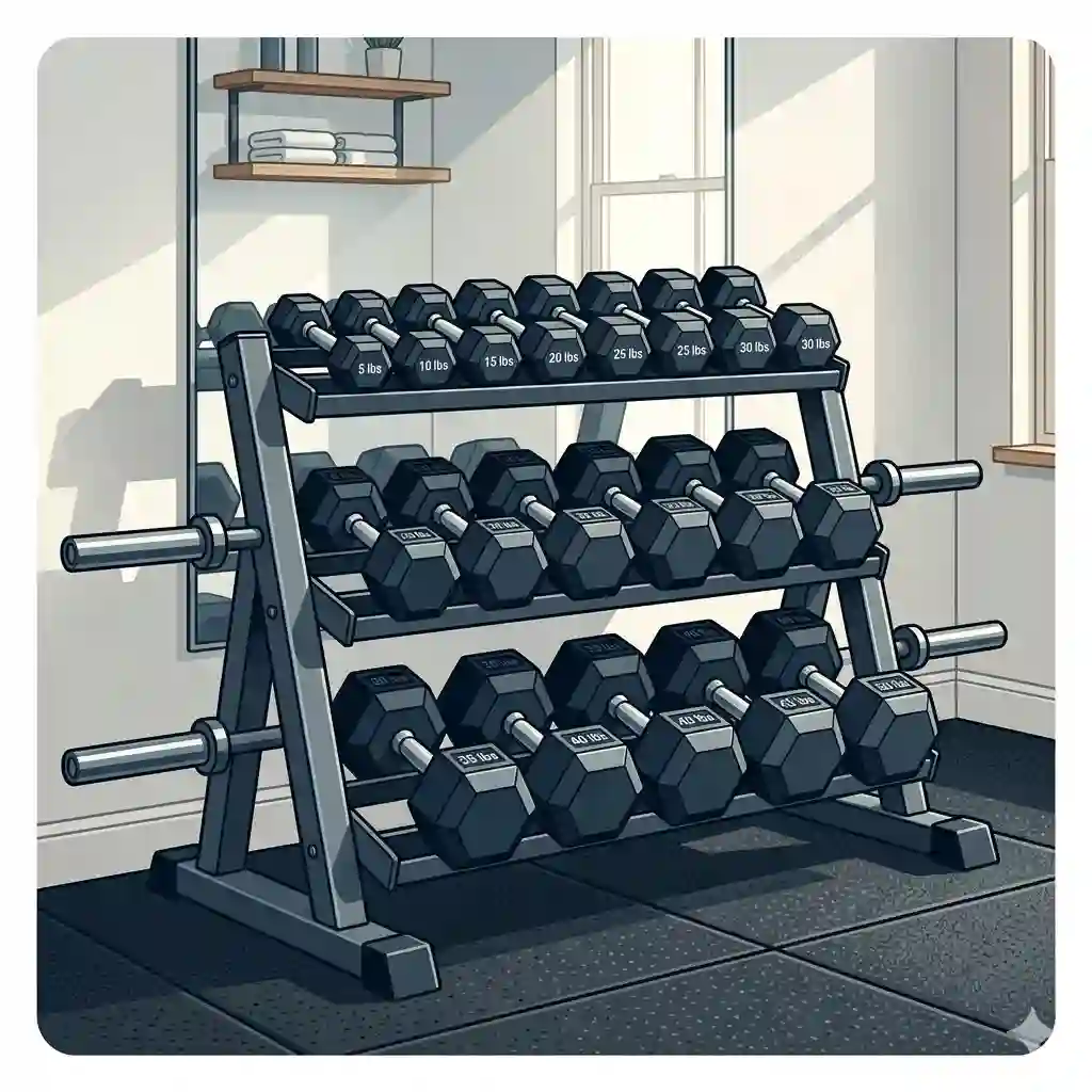 A professional gym setup featuring a sturdy dumbbell weight rack with weights neatly organized by size.